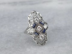 Art Deco Filigree Lab-Created Diamond & Sapphire Ring Vintage Statement Jewelry