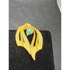 VTG Gold Tone Abstract Textured Brooch Pendant Green Stone Mid Century Modern