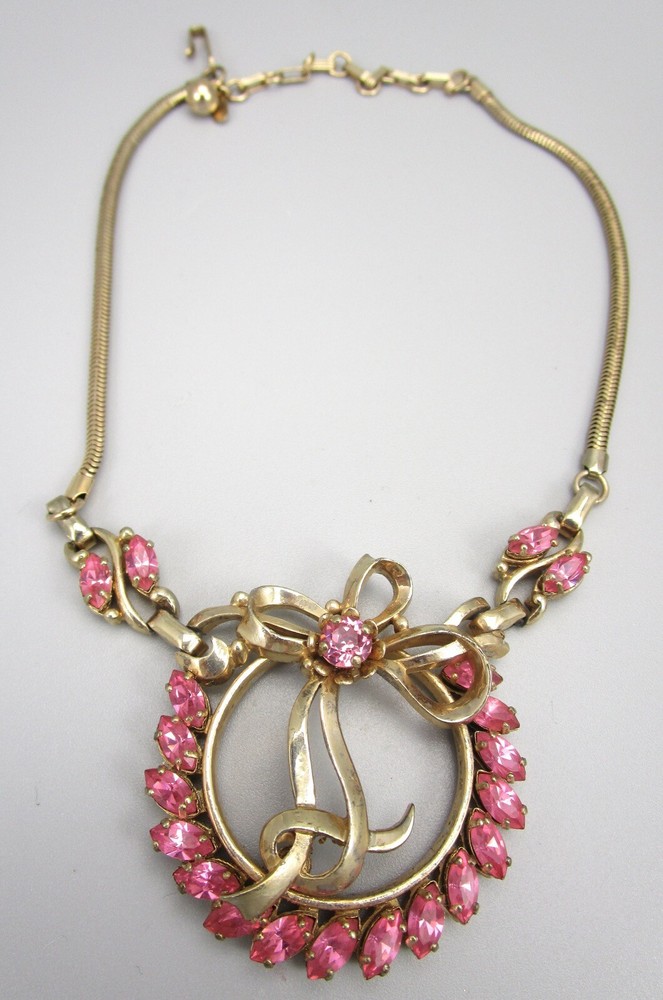 BEAUTIFUL 1950’S BARCLAY GOLDTONE PINK RHINESTONE CHOKER NECKLACE