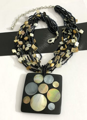 Vintage Multi Strand Necklace w/ Mother of Pearl Inlay Square Pendant