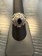 Vintage 925 Sterling Silver & Blue Sapphire Poison Pill Box Locket Ring Size 8.5