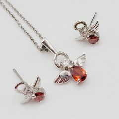 Red Rhinestone Guardian Angel Necklace Earring Set with Card Vintage 1990s