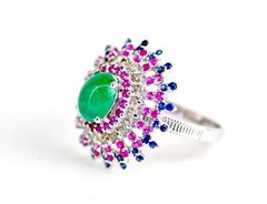 18KT WHITE GOLD COLORFUL COLOMBIAN EMERALD RUBY DIAMOND BLUE SAPPHIRE RING