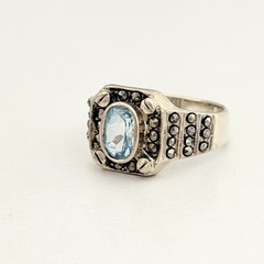 Vintage 925 Sterling Silver Genuine Blue Topaz Marcasite Deco Style Ring SZ 9.5