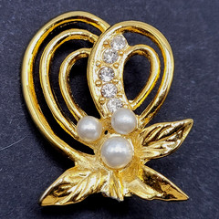 Heart Modernist Abstract Faux Pearl Rhinestone Open Metal Gold Tone Brooch Pin