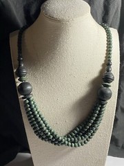 Vintage Wood Bead Necklace Dark Green Black 22.5” White Thread Spring Ring