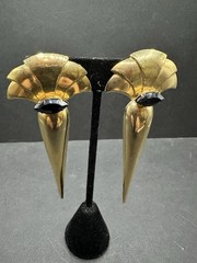 Vintage Art Deco Statement Goldtone Black Rhinestone Earrings Large Drop Clip-on