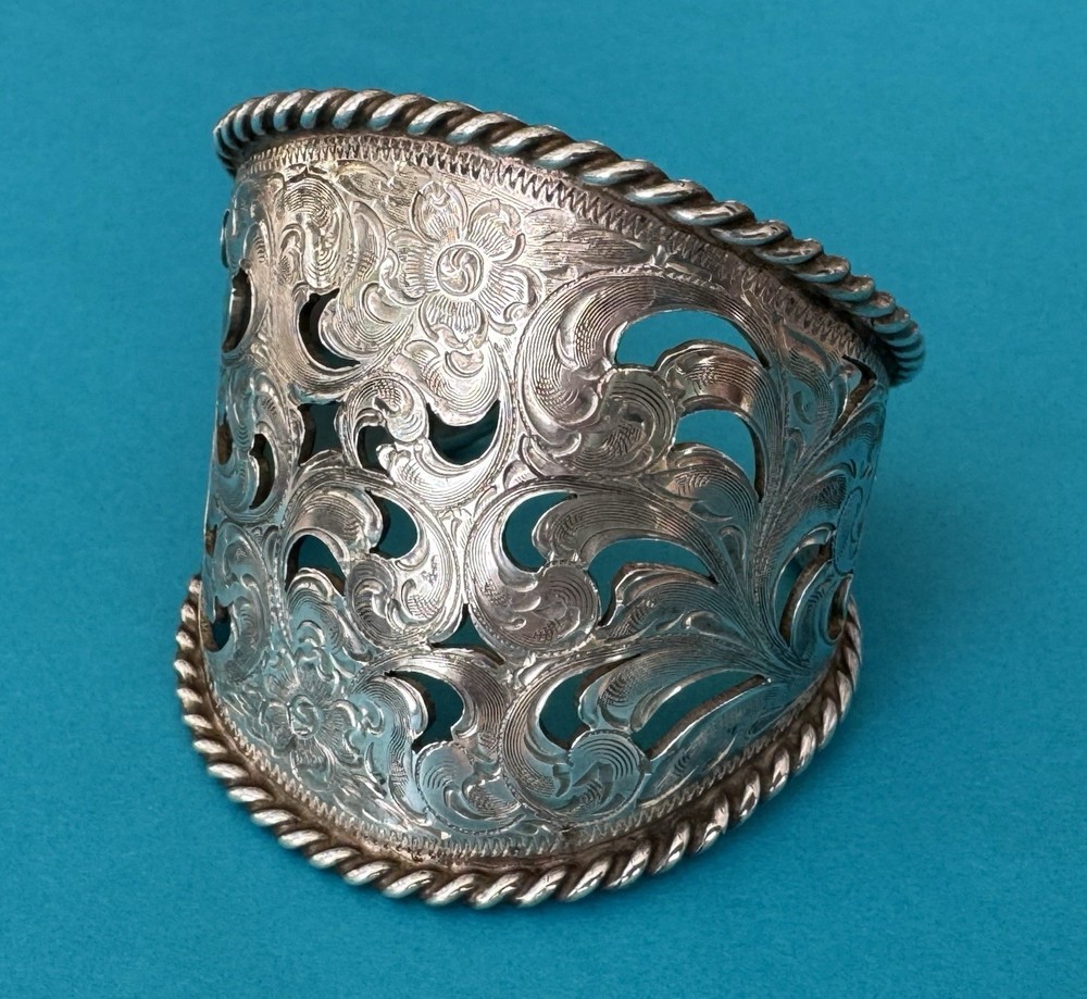 RARE Vintage 925 Sterling Silver Horse Brand Open Filigree Tapered Cuff Bracelet