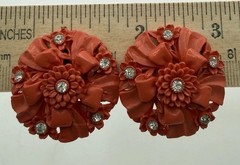 Vintage Carved Celluloid Rhinestone Clip On Earrings Floral Bow Coral Color