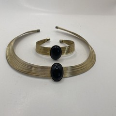 Modern Revival Silver/Gold Tone Wire Choker & Bracelet Set with Black Stone