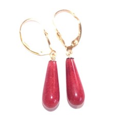 Genuine 14K Red Jade Elongated Medium Size Tear drop Lever back Earrings