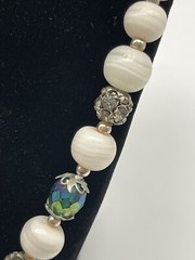 Vintage White Natural Stone Infused Art Glass Aurora Bead Crystals 28” Necklace