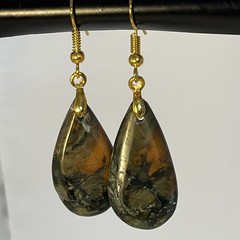 Brachiated Agate Green/Orange Earrings Gold-Plated French Wire Natural Gemstone