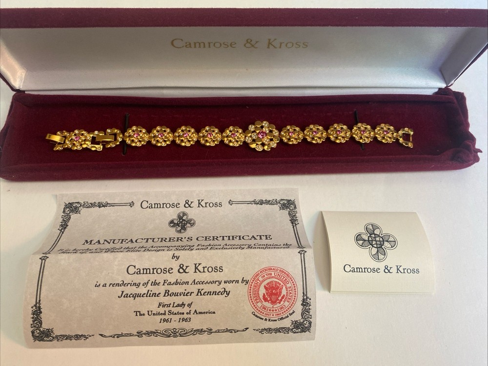 Camrose & Kross Jackie Kennedy Vintage Pink Gem Gold Tone Flower Link Bracelet
