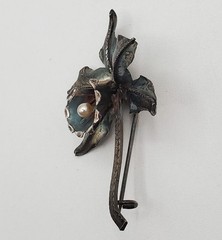 VTG Sterling Silver Orchid Flower Brooch 2in Faux Pearl Center Patina Estate