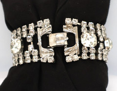 Vintage Rhinestone Bracelet w/ Multiple Rows of Rhinestones & Large Square Ones