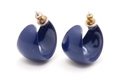 1970-80s Stud Earrings Vintage Fashion Jewelry Enamel Metal Blue Wide Half-Hoops