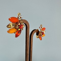Vintage Rhinestone Clip On Earrings Orange Yellow Frosted Lucite Flower Climbers