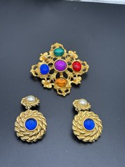 Gold Tone Floral Brooch Earrings Set Statement Purple Blue Green Dangle Drop
