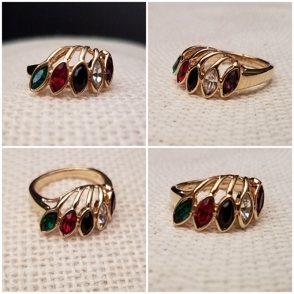Vintage Multi-Color Stone Fashion Ring, 18KT Gold Plate Size 7, Designer LIND