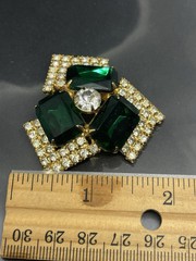 Vintage GoldTone Clear White And Green Rhinestones Glamorous 2” Pin Brooch