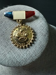 Vintage Trifari Brooch Club Metal Enamel Pin Red White Blue Career Gold Tone