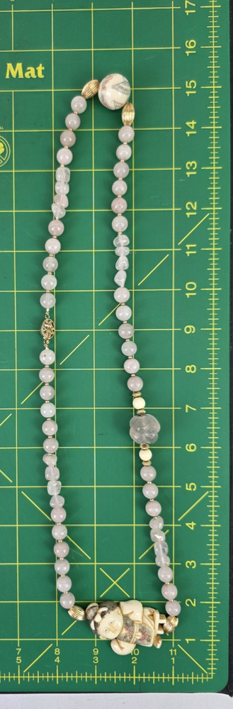 Vintage Chinese Export Necklace, Carved Rose Quartz Flower, Signed Asian Figural
