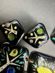 1950s/60s Enamel on Copper 3 Piece Studio Jewelry Set MCM Birds Trees Sunburst
