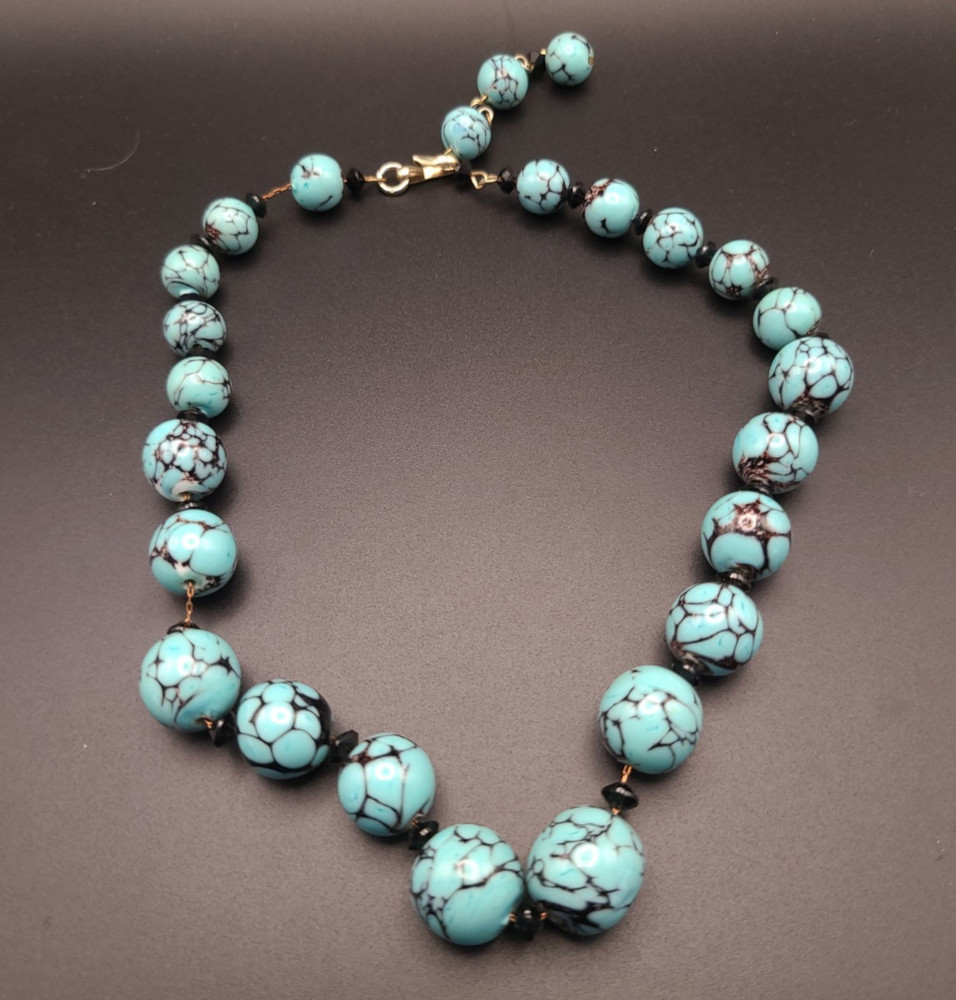 Vintage Chinese Turquoise Bead Necklace Black Spacers Gold Tone Clasp 16-18″