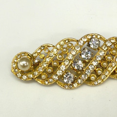 Vintage Brooch Clear Rhinestones Faux Pearls Gold Tone Swirls 2.5 Inches