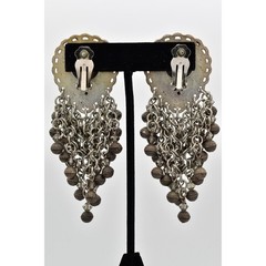 Vintage Statement Crystal Beaded Fringe Clip On Earrings Dangle Waterfall BinBB