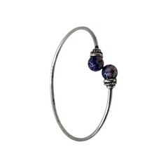 925 Silver Blue Cloisonne Floral Enamel Bead Bangle 1950s-1970s 7.1g
