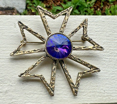 Vintage Signed Edlee Rivoli Purple Rhinestone Maltese Cross Brooch Etruscan