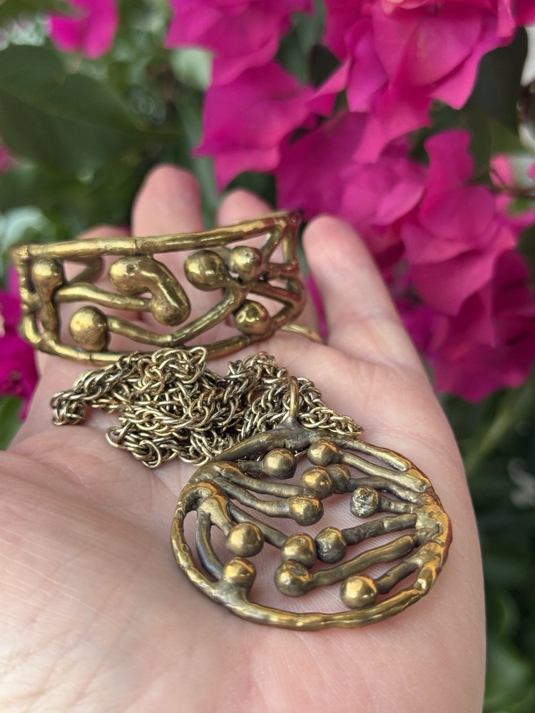 VTG Brutalist 50’s Necklace With Pendant & Bracelet Modern Brass Metal Gold Tone