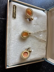 Vintage Carved Cameo 12 KT Gold Filled 15”Necklace Screw Back Earrings Marathon