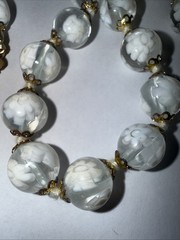 Necklace 10mm White Czechoslovakia ? Art Glass 10mm Barrel Clasp 18” Summer