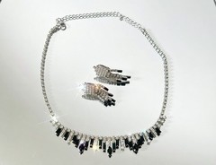 1950s Vintage Crystal & Jet Black Rhinestones Necklace & Dangling Clip Earrings