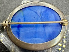 Vintage Sterling Silver Blue Green Marbled Art Glass Brooch Pendant 9.3g