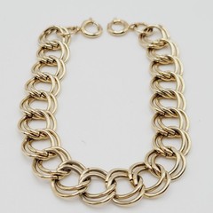 Fancy Double Circular Link Fancy Curb Shiny Gold Tone Vintage Chain Bracelet