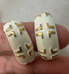 Vintage LANVIN PARIS Logo Enamel Gold Tone Clip Earrings – 1” Long – Estate