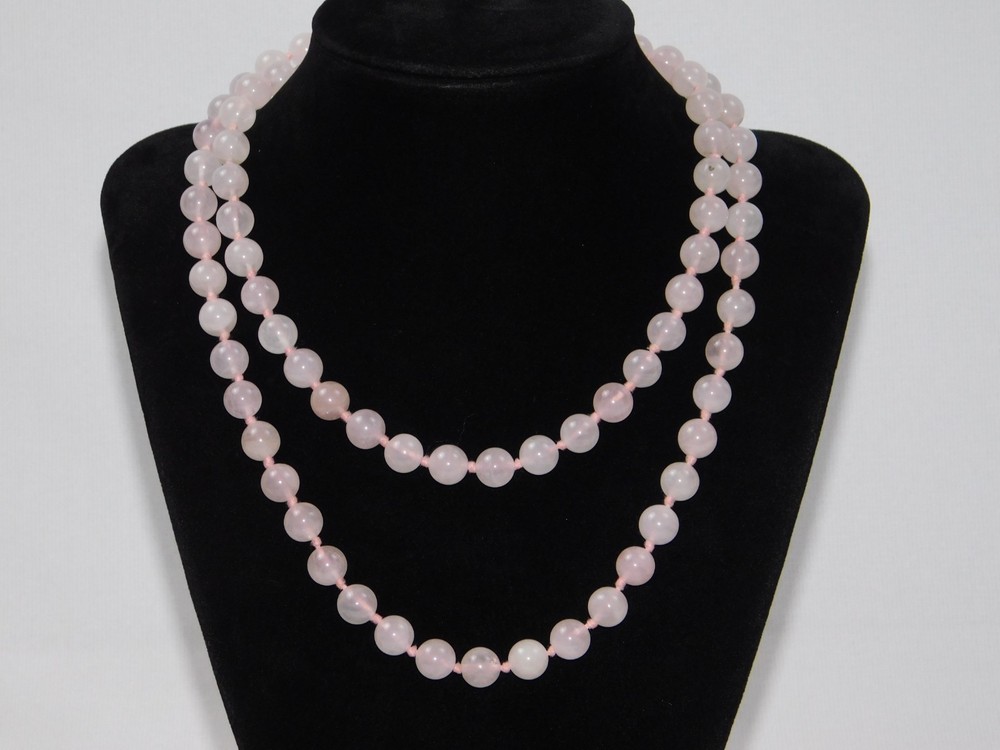 Vintage Hand Knotted Rose Quartz Gold 32″ Round Bead Necklace & Pierced Earrings
