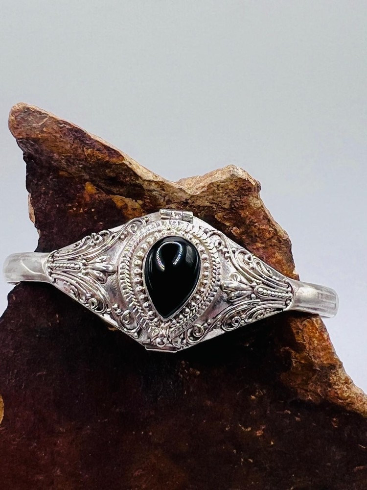 Vintage 925 Silver Poison Pillbox-Locket Bracelet Cuff Tear Shaped Black Onyx