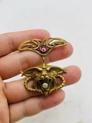 Antique Vintage Art Nouveau Gothic Gargoyle Griffin Crystal Gold Tone Pendant