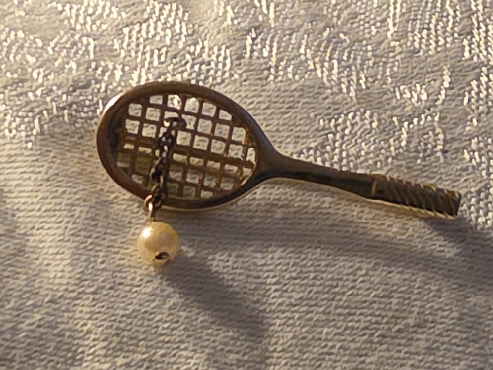 Vintage Avon Tennis Racket Brooch Pin Gold Tone Faux Pearl Tennis Ball 1 3/4″