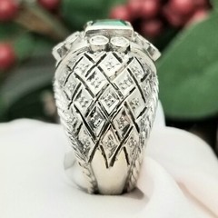 18K White Gold Large 1CT Colmbian Emerald Diamond Cocktail Dome Ring-1960s