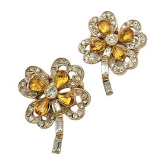 Vtg Gold Tone Flower Brooch Set Yellow Rhinestone Floral Pins Pair