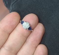 Platinum Vintage Engagement Ring 1.71ct.Natural Round Diamond Blue Sapphire Pear