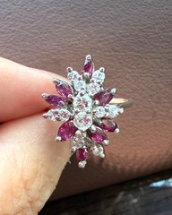 VINTAGE 14K WHITE GOLD RUBIES DIAMONDS CLUSTER SPRAY COCKTAIL RING STATEMENT