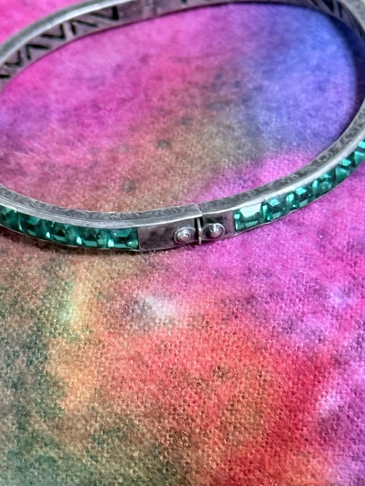 Antique 1920s Art Deco Sterling Silver & Green Channel Set Paste Bangle Bracelet