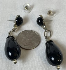 Vtg 60s Chunky Dangling Earrings Black Geometric Silver Toned Hook